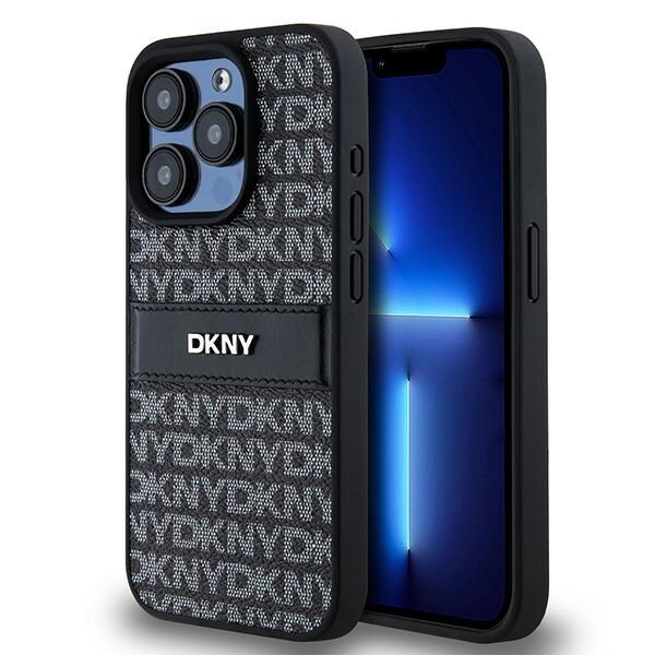 DKNY lærveske med ensfarget stripe og metalllogo til iPhone 15 Pro Max - svart