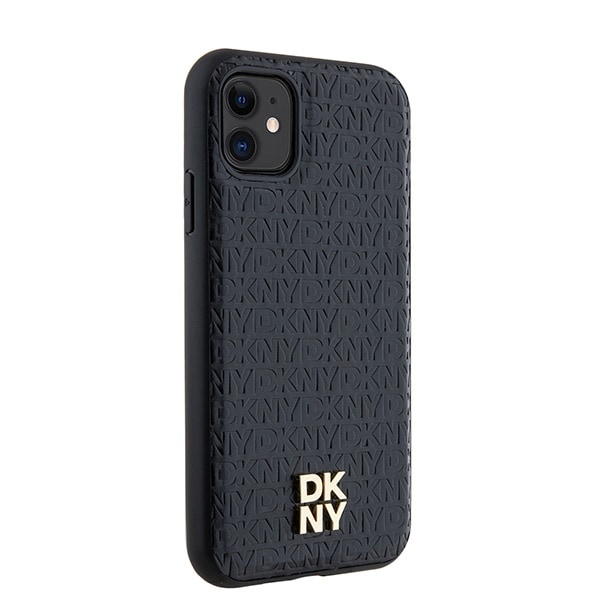 DKNY MagSafe-etui i lær med monogrammønster og metalllogo for iPhone 11 / Xr - Svart