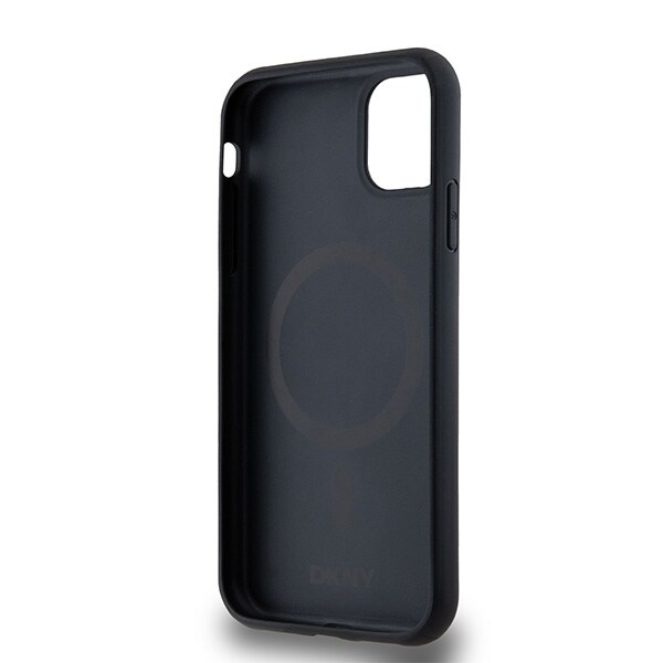 DKNY MagSafe-etui i lær med monogrammønster og metalllogo for iPhone 11 / Xr - Svart