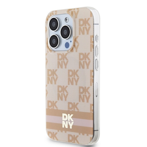 DKNY IML MagSafe-etui med rutete ensfarget mønster og trykte striper til iPhone 13 Pro Max - rosa