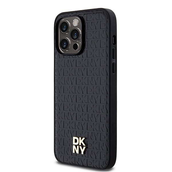 DKNY MagSafe-etui i lærmønster med metallogo for iPhone 14 Pro - svart
