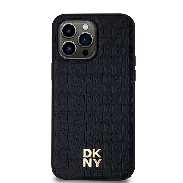 DKNY MagSafe-etui i lærmønster med metallogo for iPhone 14 Pro - svart