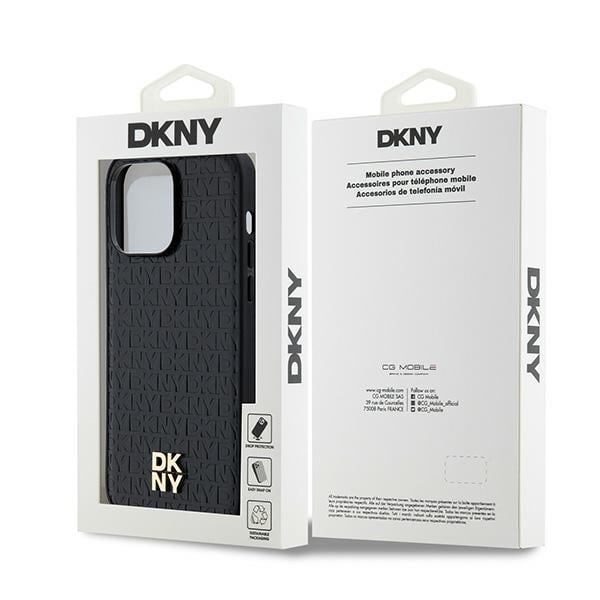 DKNY MagSafe-etui i lærmønster med metallogo for iPhone 14 Pro - svart