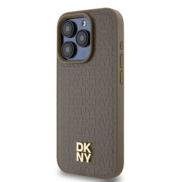 DKNY MagSafe-etui i lær med metallogo og mønster for iPhone 14 Pro - brun