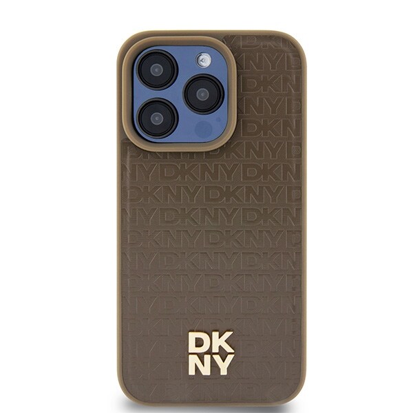 DKNY MagSafe-etui i lær med metallogo og mønster for iPhone 14 Pro - brun