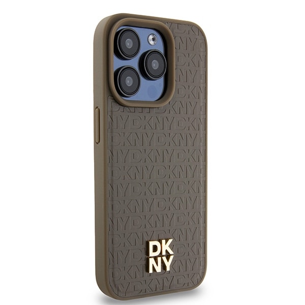 DKNY MagSafe-etui i lær med metallogo og mønster for iPhone 14 Pro - brun