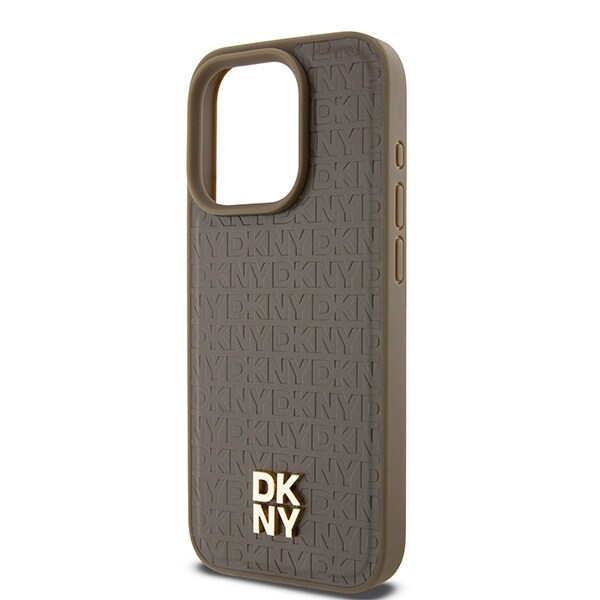 DKNY MagSafe-etui i lær med metallogo og mønster for iPhone 14 Pro - brun
