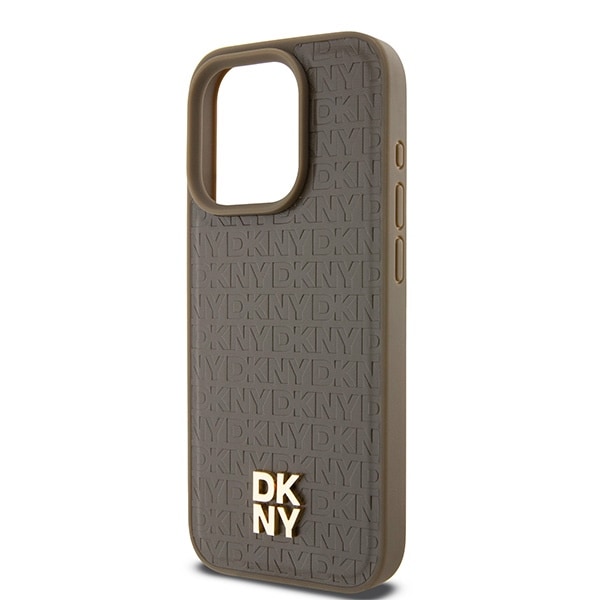 DKNY MagSafe-etui i lær med metallogo og mønster til iPhone 14 Pro Max - Brun