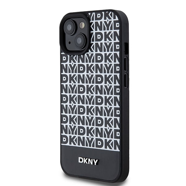 DKNY MagSafe-etui i lær med trykt mønster og metallogo for iPhone 15/14/13 - Svart