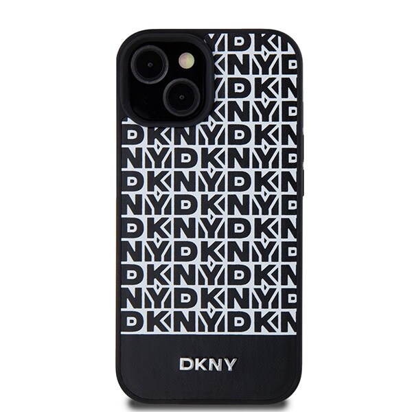 DKNY MagSafe-etui i lær med trykt mønster og metallogo for iPhone 15/14/13 - Svart