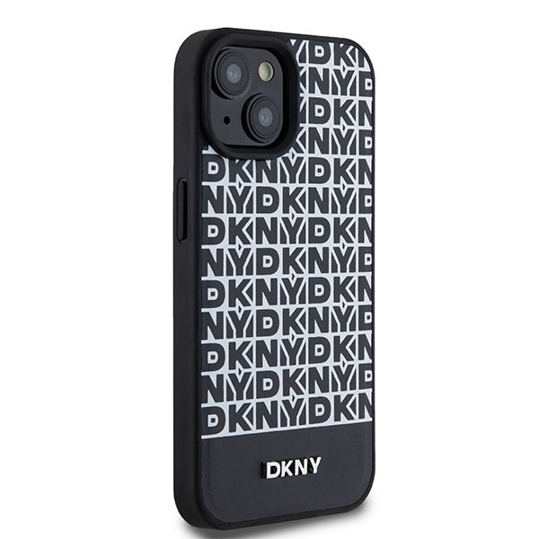 DKNY MagSafe-etui i lær med trykt mønster og metallogo for iPhone 15/14/13 - Svart