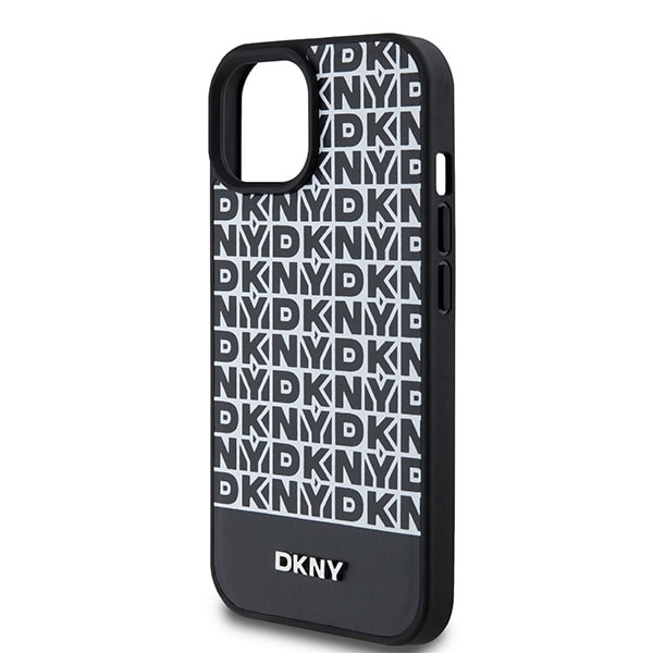 DKNY MagSafe-etui i lær med trykt mønster og metallogo for iPhone 15/14/13 - Svart
