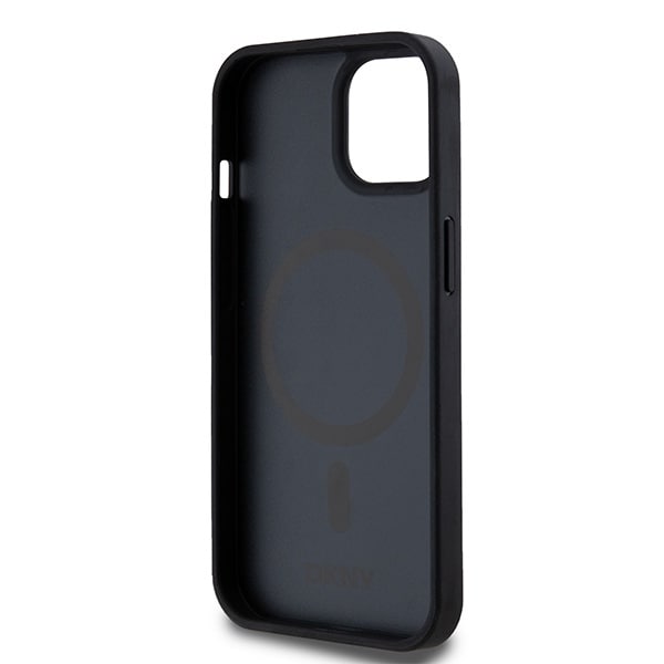 DKNY MagSafe-etui i lær med trykt mønster og metallogo for iPhone 15/14/13 - Svart