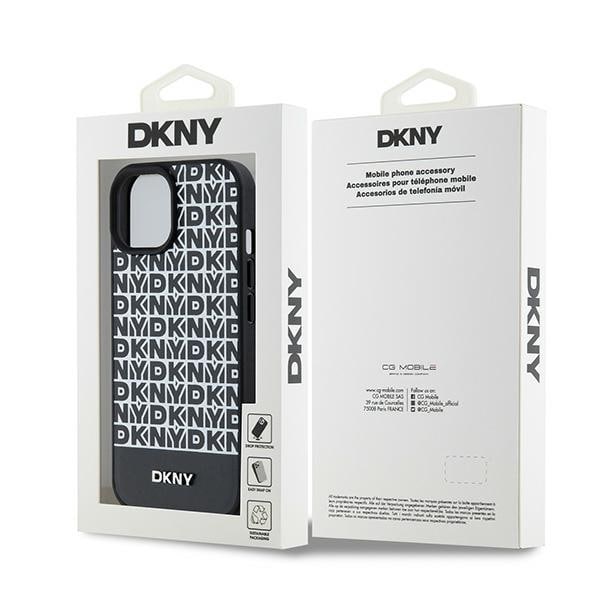 DKNY MagSafe-etui i lær med trykt mønster og metallogo for iPhone 15/14/13 - Svart
