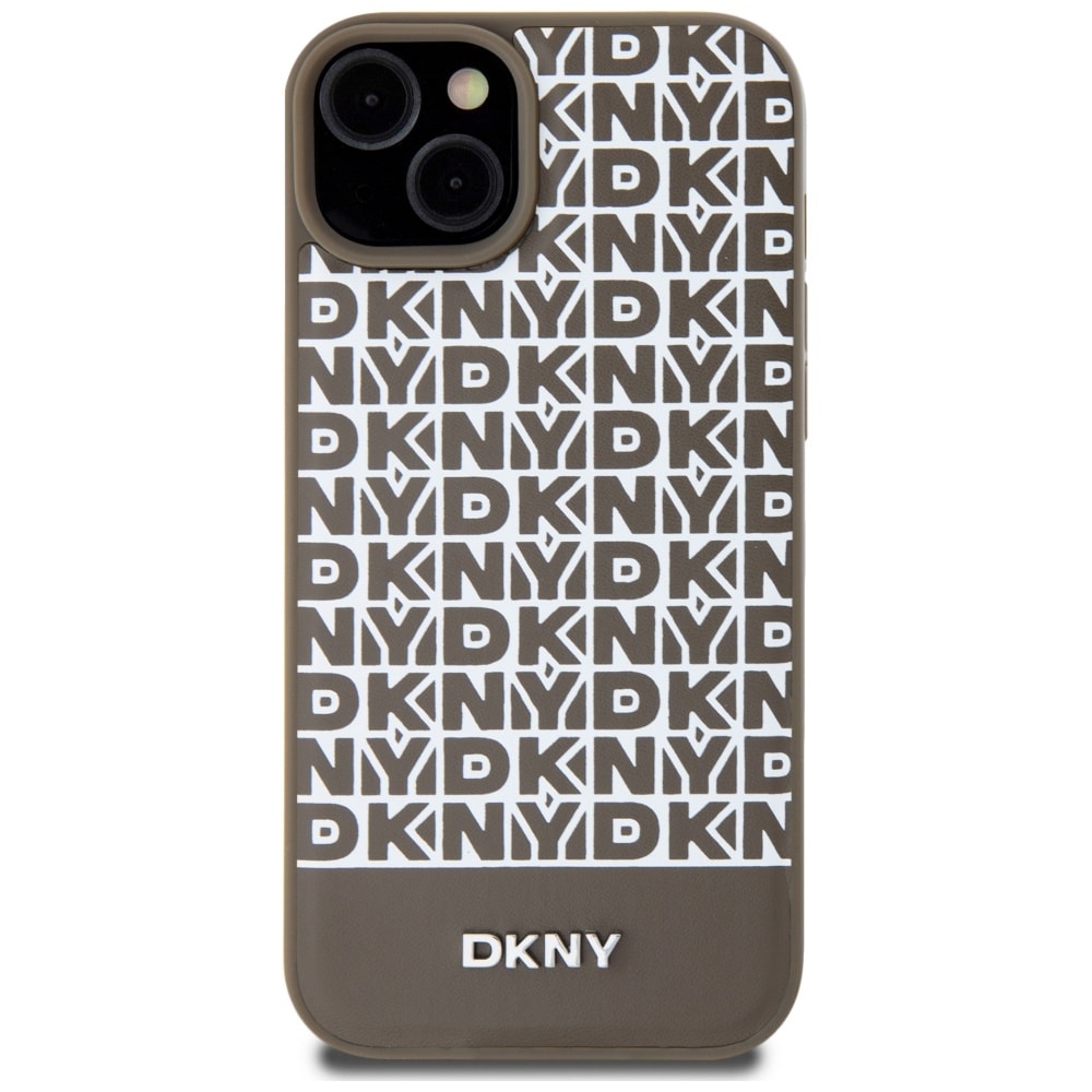 DKNY MagSafe-etui i lær med trykt mønster og metalllogo for iPhone 15 / 14 / 13 - Brun