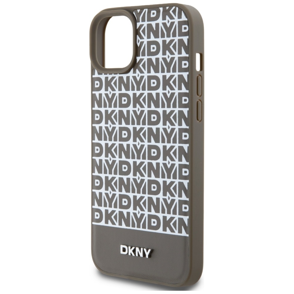 DKNY MagSafe-etui i lær med trykt mønster og metalllogo for iPhone 15 / 14 / 13 - Brun