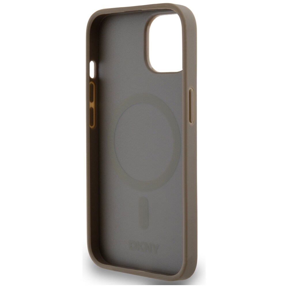 DKNY MagSafe-etui i lær med trykt mønster og metalllogo for iPhone 15 / 14 / 13 - Brun