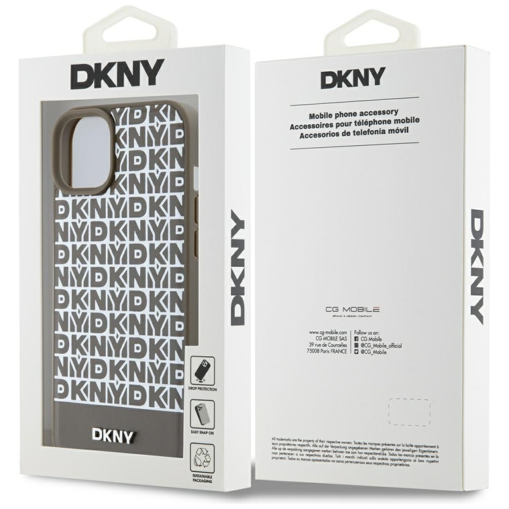DKNY MagSafe-etui i lær med trykt mønster og metalllogo for iPhone 15 / 14 / 13 - Brun