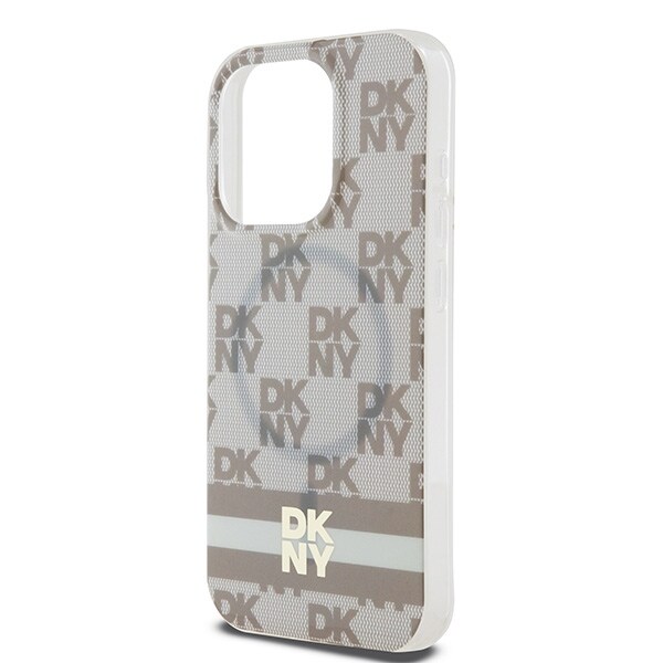 DKNY IML MagSafe-etui med rutete ensfarget mønster og trykte striper til iPhone 15 Pro Max - beige