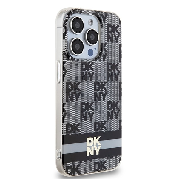 DKNY IML MagSafe-etui med rutete ensfarget mønster og trykte striper til iPhone 15 Pro Max - Svart