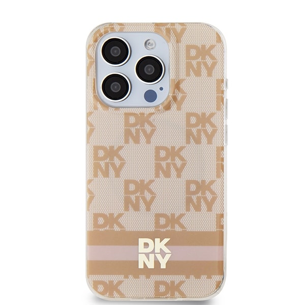 DKNY IML MagSafe-etui med rutete ensfarget mønster og trykte striper til iPhone 15 Pro Max - rosa