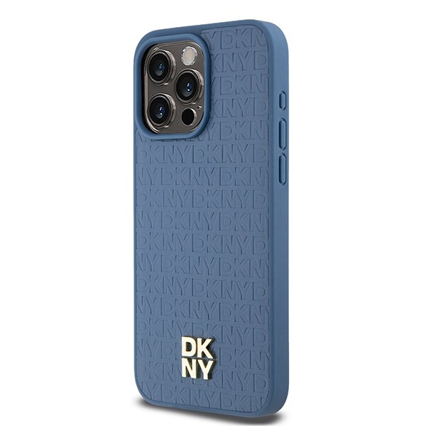 DKNY MagSafe-etui i lær med monogrammønster og metalllogo for iPhone 15 Pro Max - Blå