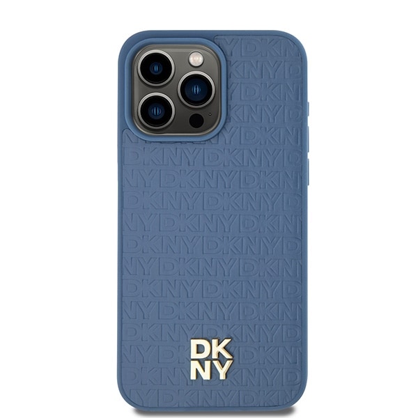DKNY MagSafe-etui i lær med monogrammønster og metalllogo for iPhone 15 Pro Max - Blå