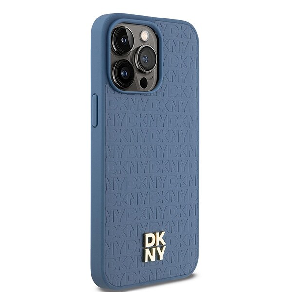DKNY MagSafe-etui i lær med monogrammønster og metalllogo for iPhone 15 Pro Max - Blå