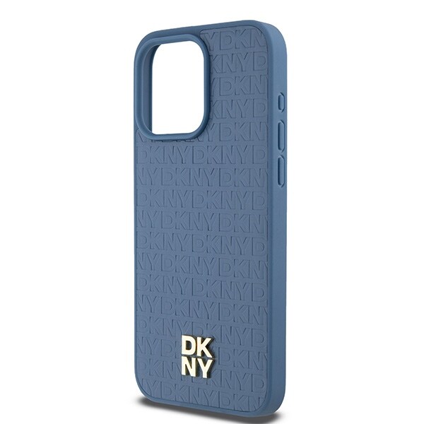 DKNY MagSafe-etui i lær med monogrammønster og metalllogo for iPhone 15 Pro Max - Blå