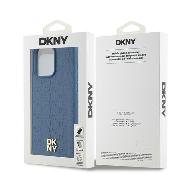 DKNY MagSafe-etui i lær med monogrammønster og metalllogo for iPhone 15 Pro Max - Blå