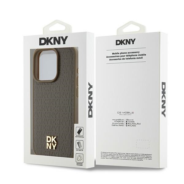 DKNY MagSafe-etui i lær med metallogo og mønster til iPhone 15 Pro Max - Brun