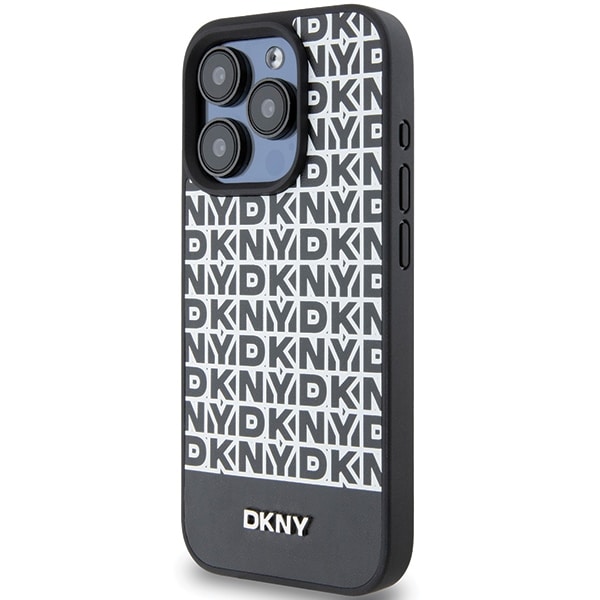 DKNY MagSafe-etui i lær med trykt mønster og metallogo for iPhone 15 Pro Max - Svart