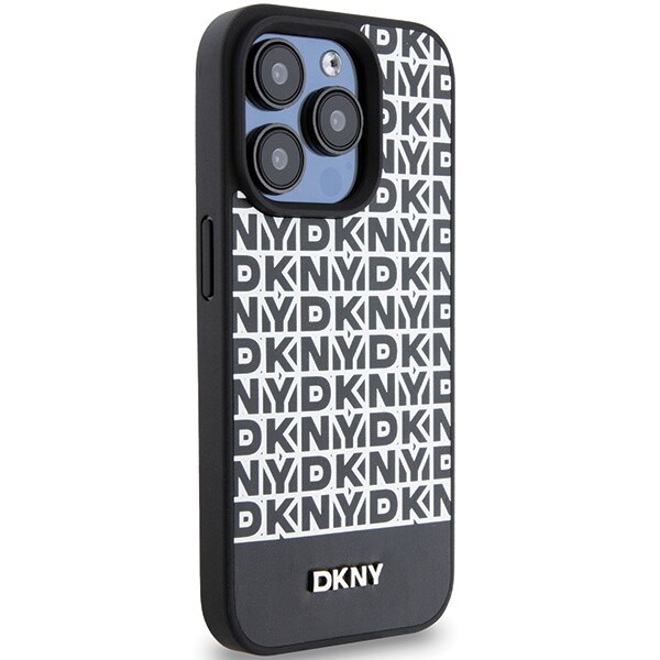 DKNY MagSafe-etui i lær med trykt mønster og metallogo for iPhone 15 Pro Max - Svart
