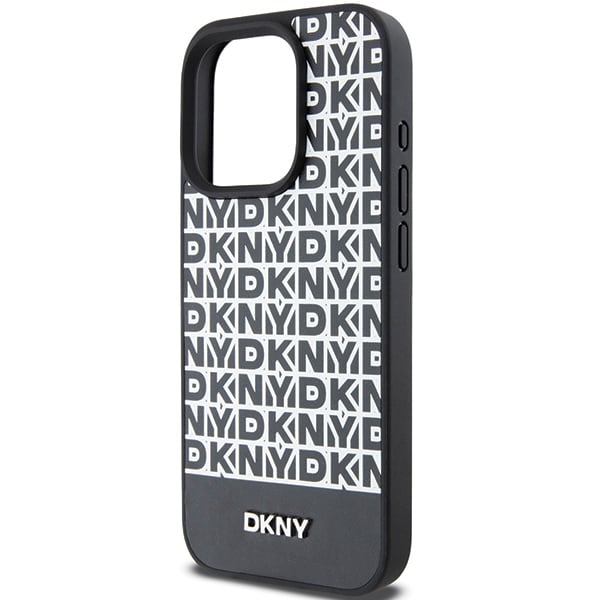 DKNY MagSafe-etui i lær med trykt mønster og metallogo for iPhone 15 Pro Max - Svart