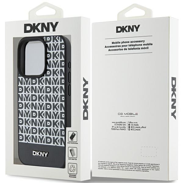 DKNY MagSafe-etui i lær med trykt mønster og metallogo for iPhone 15 Pro Max - Svart