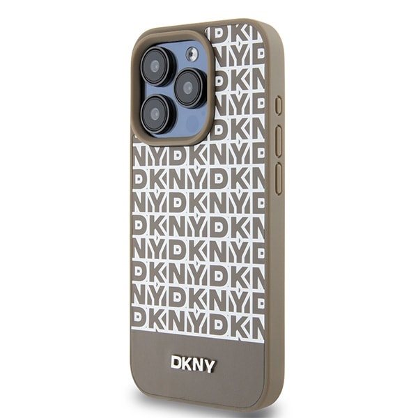 DKNY MagSafe-etui i lær med trykt mønster og metalllogo for iPhone 15 Pro Max - Brun