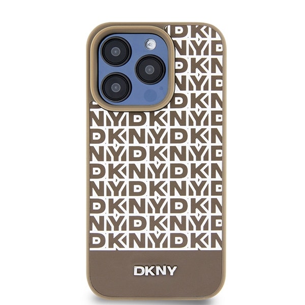 DKNY MagSafe-etui i lær med trykt mønster og metalllogo for iPhone 15 Pro Max - Brun