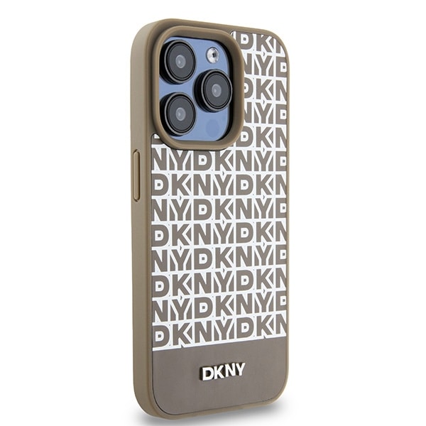 DKNY MagSafe-etui i lær med trykt mønster og metalllogo for iPhone 15 Pro Max - Brun