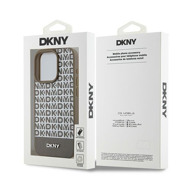DKNY MagSafe-etui i lær med trykt mønster og metalllogo for iPhone 15 Pro Max - Brun