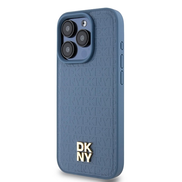 DKNY MagSafe-etui i lær med monogrammønster og metalllogo for iPhone 15 Pro - Blå