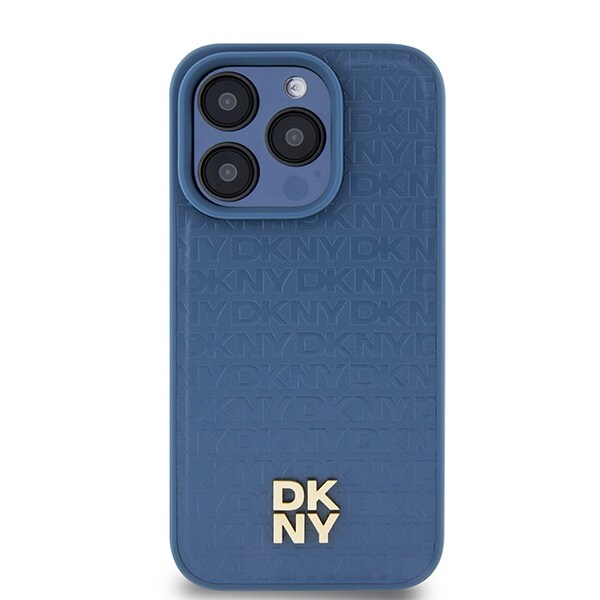 DKNY MagSafe-etui i lær med monogrammønster og metalllogo for iPhone 15 Pro - Blå