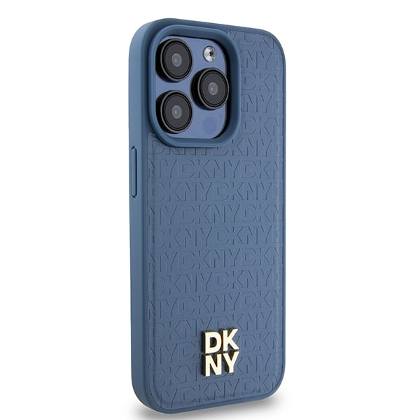 DKNY MagSafe-etui i lær med monogrammønster og metalllogo for iPhone 15 Pro - Blå