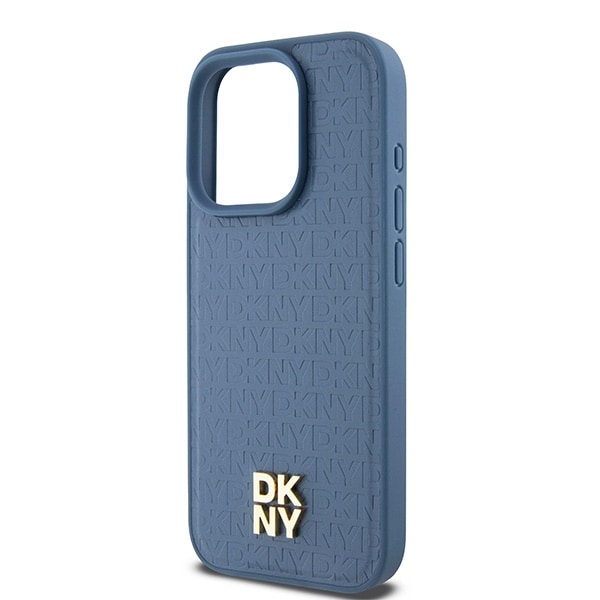 DKNY MagSafe-etui i lær med monogrammønster og metalllogo for iPhone 15 Pro - Blå