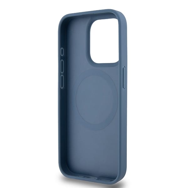 DKNY MagSafe-etui i lær med monogrammønster og metalllogo for iPhone 15 Pro - Blå
