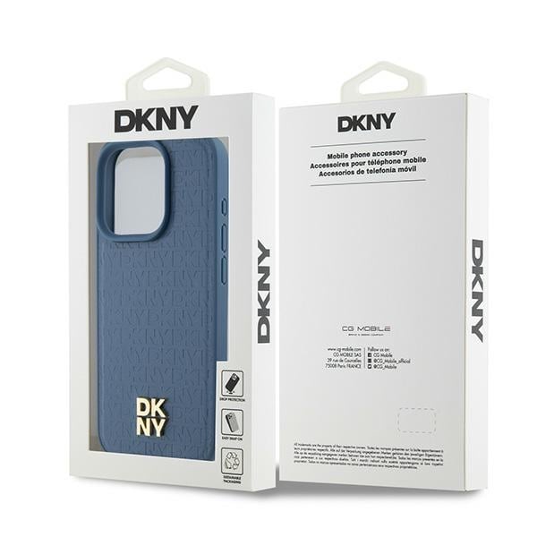 DKNY MagSafe-etui i lær med monogrammønster og metalllogo for iPhone 15 Pro - Blå