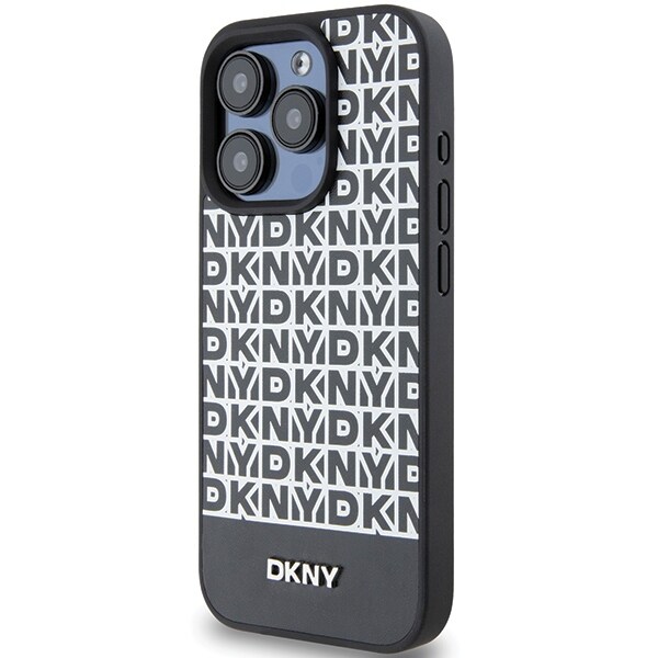 DKNY MagSafe-etui i lær med trykt mønster og metalllogo for iPhone 15 Pro - Svart