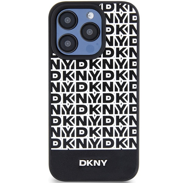 DKNY MagSafe-etui i lær med trykt mønster og metalllogo for iPhone 15 Pro - Svart
