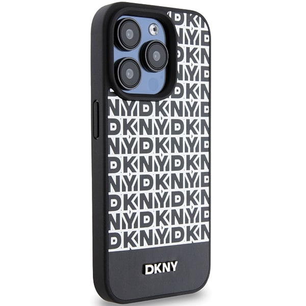 DKNY MagSafe-etui i lær med trykt mønster og metalllogo for iPhone 15 Pro - Svart