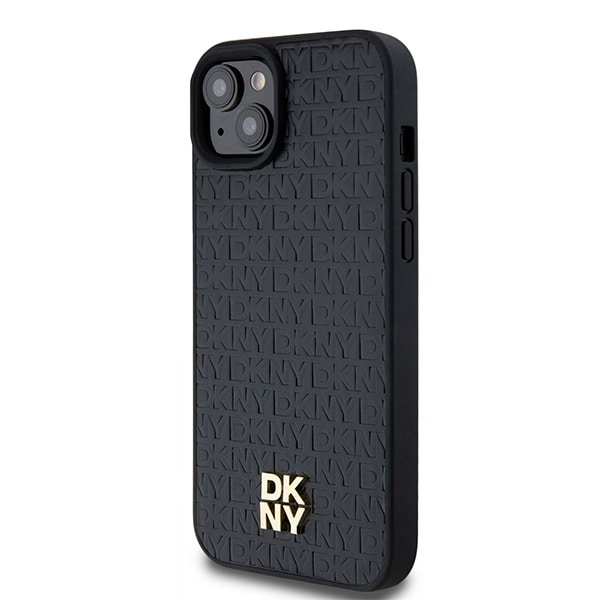 DKNY MagSafe-etui i lær med monogrammønster og metalllogo for iPhone 15 Plus / 14 Plus - Svart
