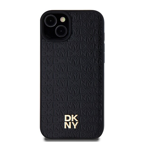 DKNY MagSafe-etui i lær med monogrammønster og metalllogo for iPhone 15 Plus / 14 Plus - Svart